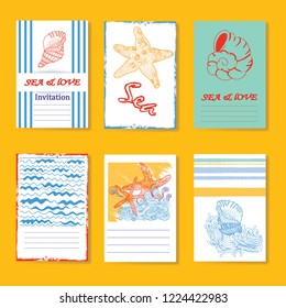Vector set of four cards with hand drawn sketch elements. Summer sea theme. Good for invitations, cards, other printed stuff.