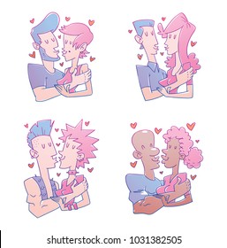 Vector set of four cartoon images of different loving couples of various people kissing on a white background. Valentine's Day. Love, relationship, wedding, holiday. Vector illustration.
