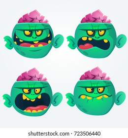 Vector set of four cartoon images of funny green zombies big heads with different actions and emotions on a white background. Design for print, logo, emblem, sticker or party decoration