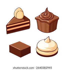 Vector set of four chocolate desserts on white background – slice of chocolate cake, cupcake, chocolate cookie, and cookie with meringue topping – sweet clipart for Chocolate Day, kids, bakery, packag
