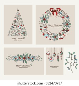 Vector set: Four Christmas card with Christmas decorations.drawing