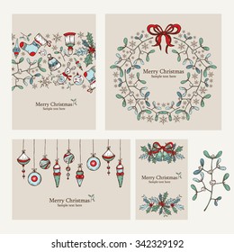 Vector set: Four Christmas card with Christmas decorations.drawing