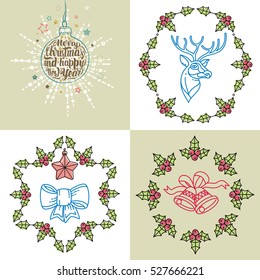 Vector set: Four Christmas card with Christmas decorations