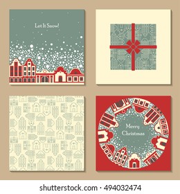 Vector set of four Christmas vintage templates. The motives of the old town street with red and white houses and snowfall. Postcard, the wrapper for the CD, patterned packaging paper.