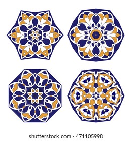 Vector set of four circular design elements isolated on white background for your design. Oriental pattern. Mandala.