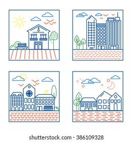 Vector Set of Four City Landscapes Illustrations in Thin Line Style. Urban Design Elements - Building Icons.
