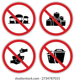 Vector set of four clear prohibition signs against market selling, storing goods, food mixing, and depositing waste in restricted zones.