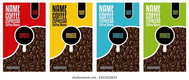 Vector set of four coffee bean labels. Coffee labels with coffee Cup and bar code on different color background