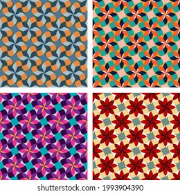 vector set of four colorful abstract floral seamless patterns. polygons, shapes, segments are grouped and arranged in a specific order.
