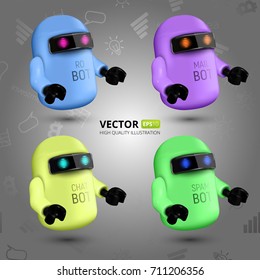 Vector Set With Four Colorful Chat Bots, The Concept Of Virtual Assistant For UI, Mobile Application Or Website Design. Vector Illustration Of Robots Isolated On Grey Background With Flat Symbols