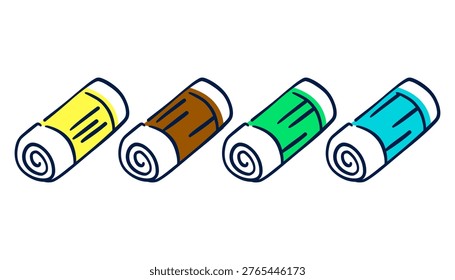 Vector set of four colorful garbage bag rolls in yellow, brown, green and blue. Hand drawn outline icons of plastic trash bags isolated on transparent background for cleaning service design.