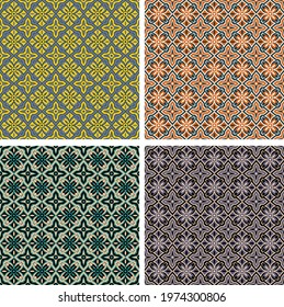 vector set of four colorful geometric seamless patterns. overlapping shapes, polygons, stripes, segments are grouped and arranged in rows. vector
