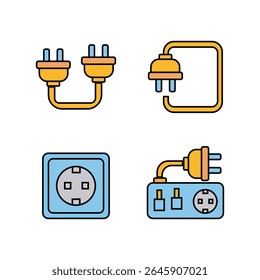 Um conjunto vetorial de quatro ícones coloridos que retratam vários componentes elétricos: plugues conectados, um plugue fazendo loop para trás, uma tomada de parede e uma régua de energia com um plugue.
