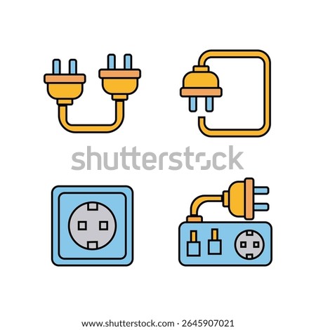 A vector set of four colorful icons depicting various electrical components: connected plugs, a plug looping back, a wall socket, and a power strip with a plug.