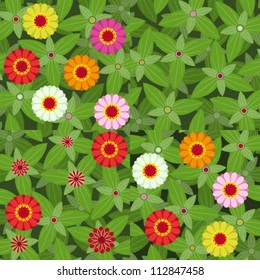 Vector set of four colorful seamless patterns with zinnias flowers and leaves