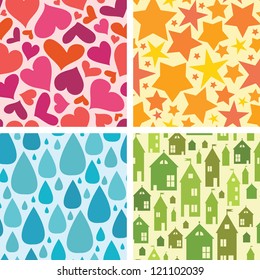 Vector set of four colorful seamless patterns background with hand drawn elements.