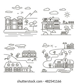 Vector Set of Four Country Landscape Illustrations in Thin Line Style. Isolated graphic elements: building, bench, tree, car, clouds and mountains. 