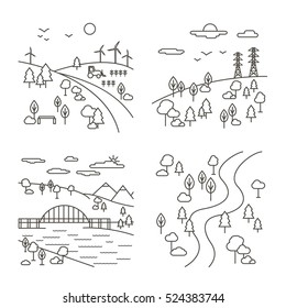 Vector Set of Four Country Landscape Illustrations in Thin Line Style. Isolated graphic elements: tree, bench, bush, bridge; wind turbines, clouds and mountains. 