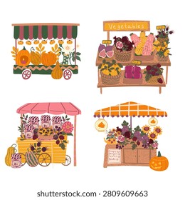 A vector set of four cozy street market stalls from a local farmers' market. Illustrations of autumn vendors selling food, зumpkin pies,  flowers, vegetables. Hand-drawn isolated doodle stickers.