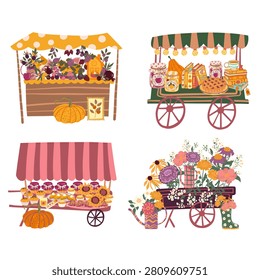 A vector set of four cozy street market stalls from a local farmers' market. Illustrations of autumn vendors selling food, fruits,sweets,  flowers, vegetables. Hand-drawn isolated doodle stickers.