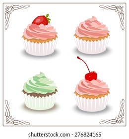 Vector set of four cupcakes. Cherry cupcake, strawberry, pistachios and raspberry, vector illustration for your design. Cake with cream. Sweet food, delicious yummy isolated