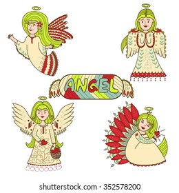 vector set of four cute angels Valentines day.