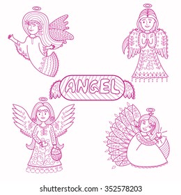 vector set of four cute angels Valentines day.