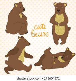 Vector set of four cute bears. Hand drawing funny characters