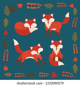 Vector set of four cute foxes and autumn leaves. These lovely hand drawn cartoon characters can be used in postcards, posters, skrapbooking, invitations and the others.