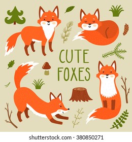 Vector set of four cute foxes an forest plants. Funny hand drawn cartoon characters. Can be used in childish posters, card, invitations and others.