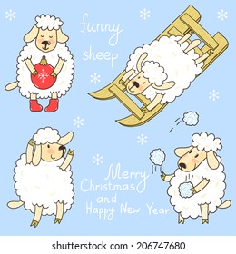 Vector set of four cute funny sheep. Hand drawing cartoon character for New Year design.