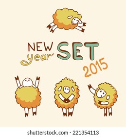 Vector set of four cute funny sheep. Hand drawing cartoon character for New Year design.