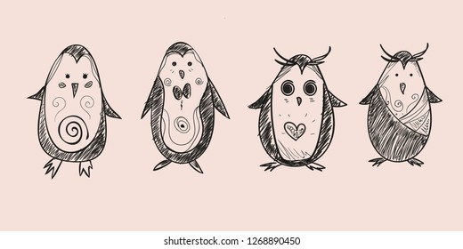 A vector set of four cute hand-drawn penguins on a light pink background.