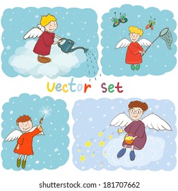 Vector set of four cute little angels. Funny cartoon characters.