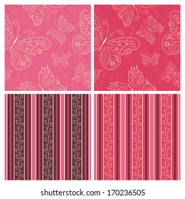 Vector set of four cute patterns in bright  pink, lilac, beige, purple colors with hand drawn flowers and butterflies. 