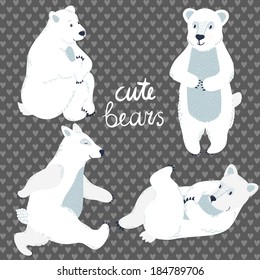 Vector set of four cute polar bears. Hand drawing smiling cartoon characters.