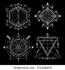 Vector set of four dark backgrounds with geometric symbols. Sacred mystic signs drawn in lines. Illustration in white colors. For you design and magic craft.