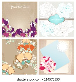 Vector set of four decorative design for greeting card or invitation. Vector illustration with arabesque ornament, iris, orchid and peony flower.