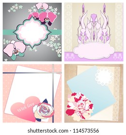 Vector set  of  four decorative designs for greeting card or invitation. Vector illustration with arabesque ornament, iris, orchid, roses and peony flower.