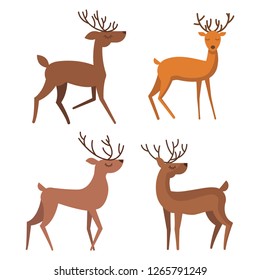 Vector set of four deer standing in different poses on the white background. Flat drawn kids style deer for different purposes