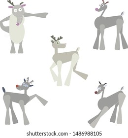 Vector set of four deer standing in different poses on the white background. Flat drawn kids style deer for different purposes