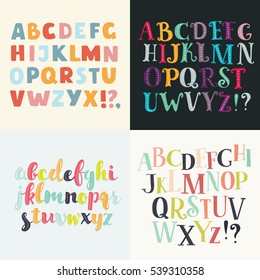 Vector set of four difference english Alphabets. Cute colorful vector English alphabet, vintage font on dark background, bold , funny hand written and capital ABC. Lowercase and uppercase letters