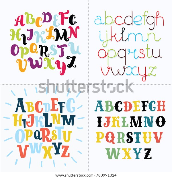 4つの異なる英語アルファベットのベクター画像セット かわいいカラフルなベクター画像 英語のアルファベット ビンテージフォント 太字 おかしな手書き 大文字abc 小文字と大文字 のベクター画像素材 ロイヤリティフリー