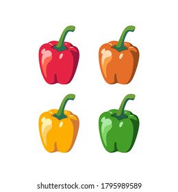 Vector Set of Four different colored paprika, Colored Yellow Green Orange and Red Sweet Bulgarian Bell Peppers, Paprika Isolated on White Background