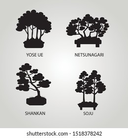 Vector set with four different styles of bonsai. Isolated black trees on white background.