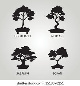 Vector set with four different styles of bonsai. Isolated black trees on white background.