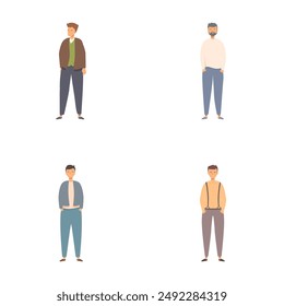 Vector set of four diverse men standing in casual clothing, isolated on white background