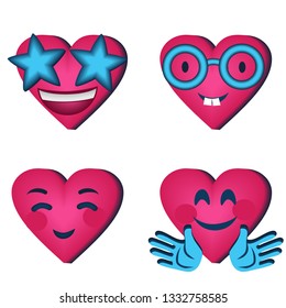 Vector Set of Four Emoji Heart Shaped. Stars in the eyes, a heart with glasses, a shy emoticon and hugging emoji - beautiful vector cliparts
