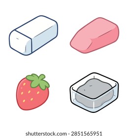 Vector set of four erasers including white, pink, strawberry shaped and gray rubber erasers, hand drawn stationery and school supplies illustration isolated on white