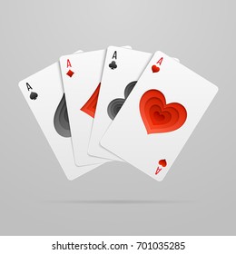 Vector set of four fan shaped aces playing cards. Suits with paper art decoration.